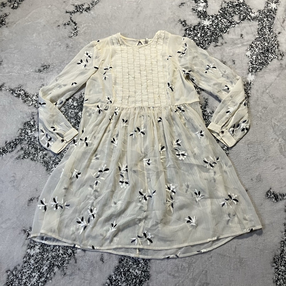 Anthropologie Feather Bone Dress Sz 8‎ Ivory Feuille Floral Embroidered Sheer